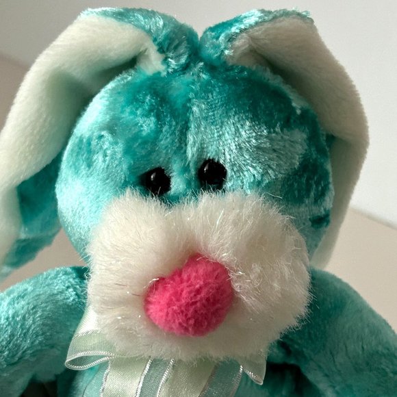 Dan Dee Teal Plush Bunny Rabbit Pink Nose & Bow Flopy Ear 11" Stuffed Animal Toy - Picture 9 of 11